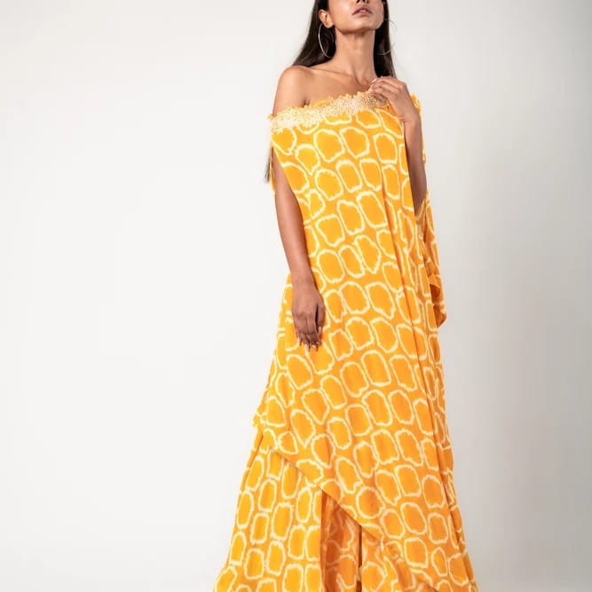 Mustard  Off Sholder Cape With Gharara Set HTD-0001