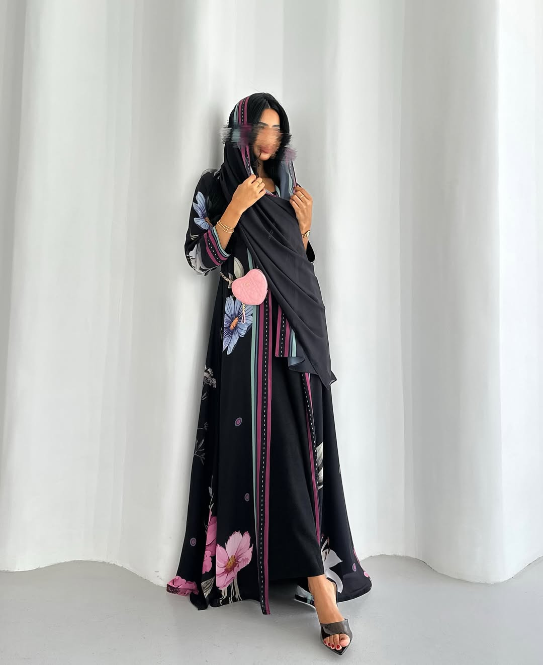 Black Floral Abaya Gown with Scarf